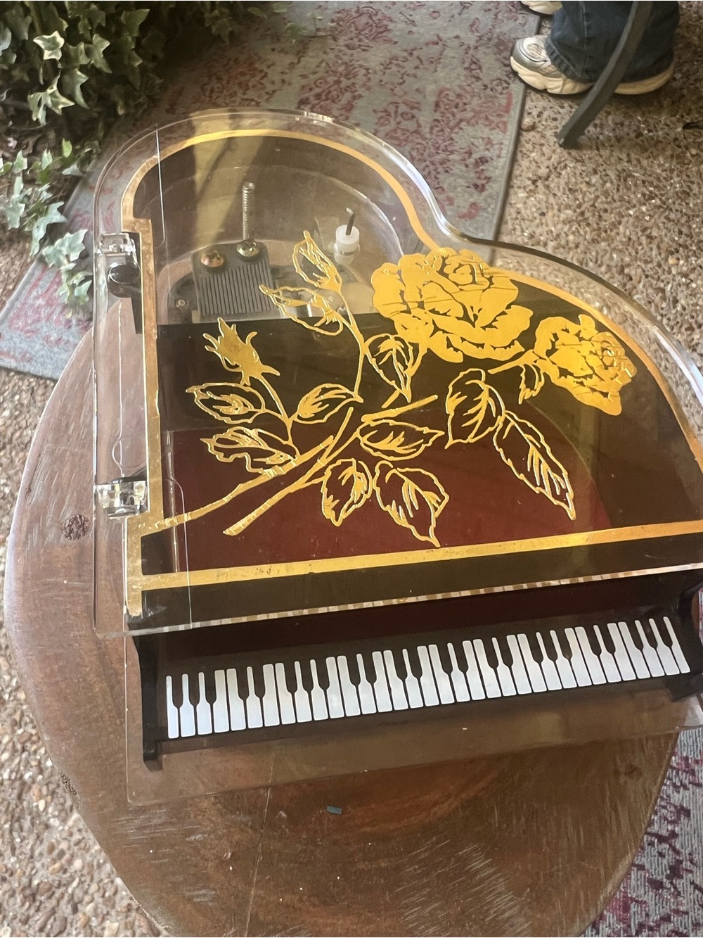 Vintage Sankyo Grand Piano Music Box Lucite Gold Roses Jewelry Trinket Box